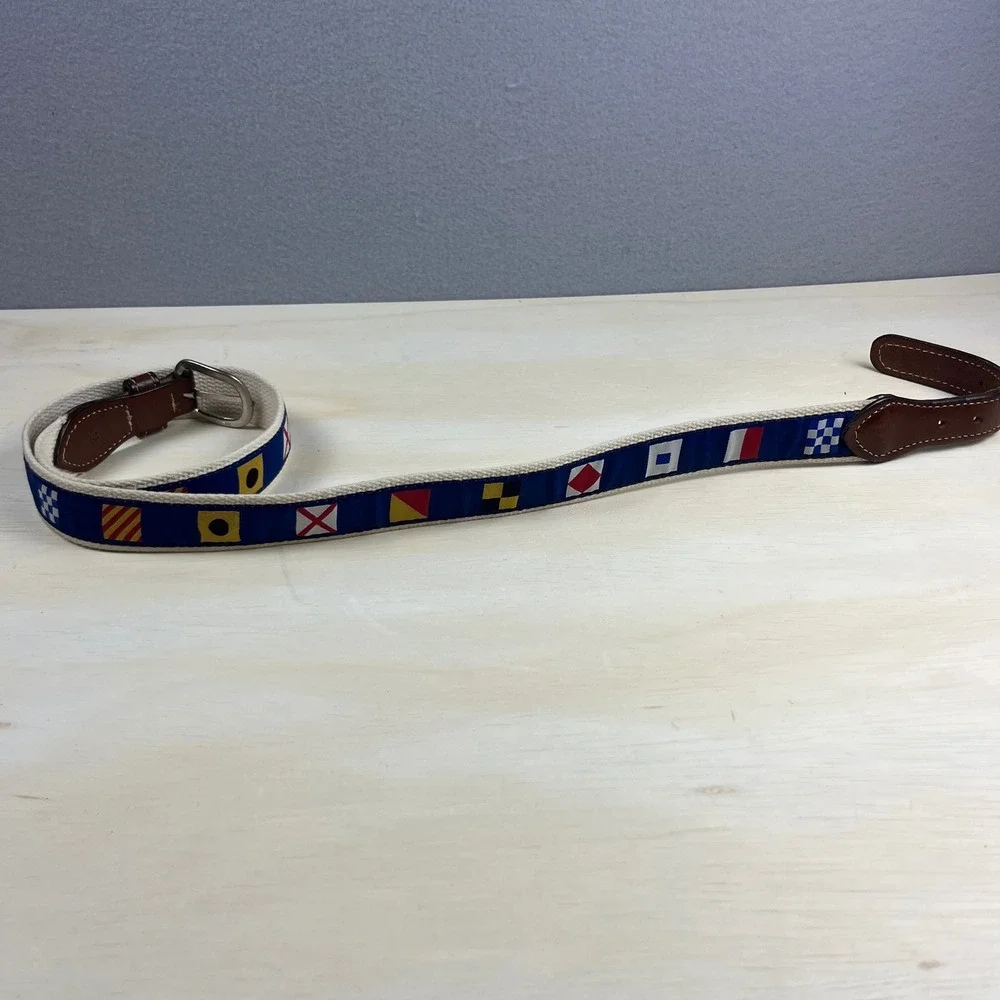 Nautical Signal Flag Canvas Belt Mens 38 Preppy Leather Tabs Solid Brass Buckle